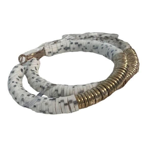 Black & White Speckled Beaded Hoop Earrings Goldtone Accents 2.5” Pierced New - Picture 3 of 8